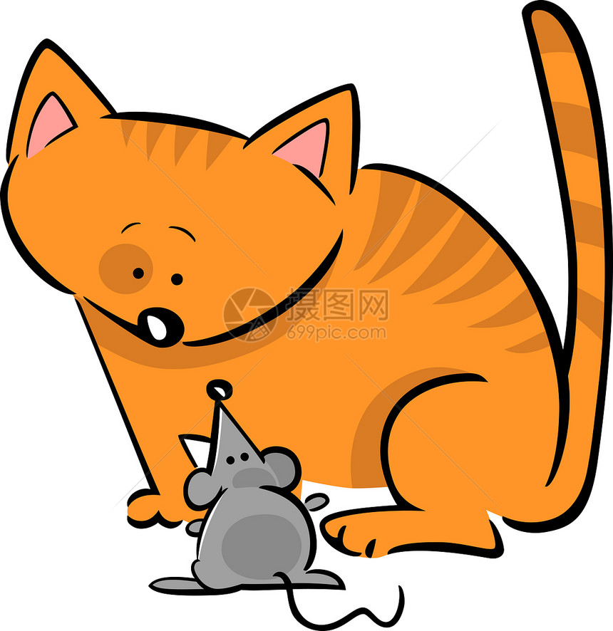 猫和老鼠的卡通涂鸦绘画快乐虎斑小猫插图漫画灰色宠物卡通片红色图片
