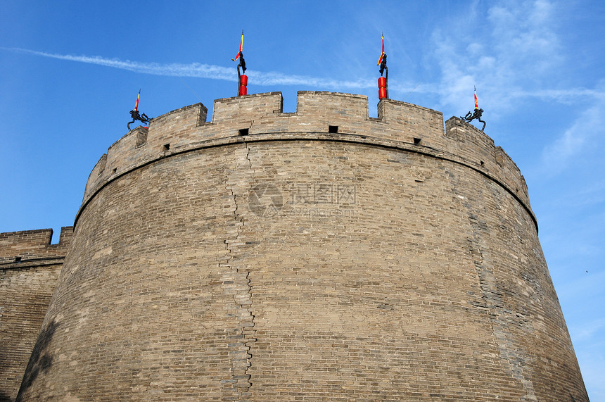 中国西安历史古城墙蓝色观光旅行建筑学角落地标灯笼文化历史性城市图片