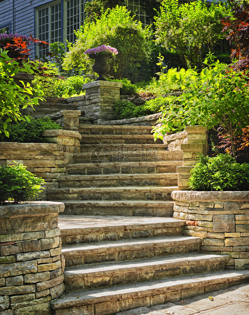石头楼梯景观美观风格小路领导建筑学墙壁花朵人行道院子装饰植物图片