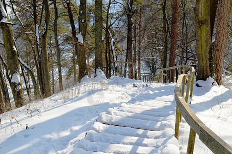 冬季在陡峭的山坡上用扶手扶起木雪花橡树楼梯高清图片