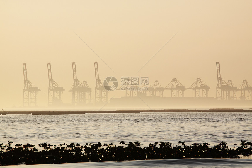 雾雾的清晨集装箱起重机货物进口场景海岸线城市船运薄雾商业运输天际图片
