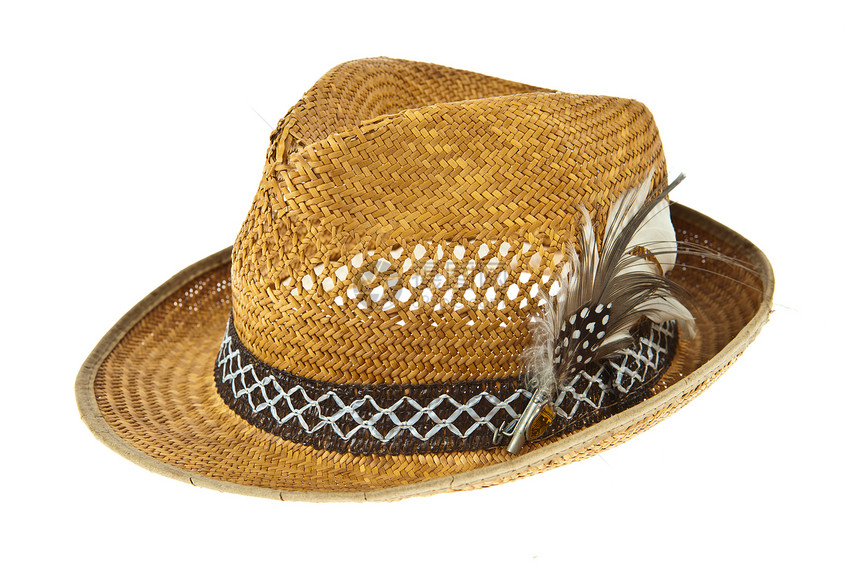 美丽的传统巴拿马帽 羽毛装饰孤立纪念品乐队边缘戏服黑色棕色柳条文化乡村丝带图片