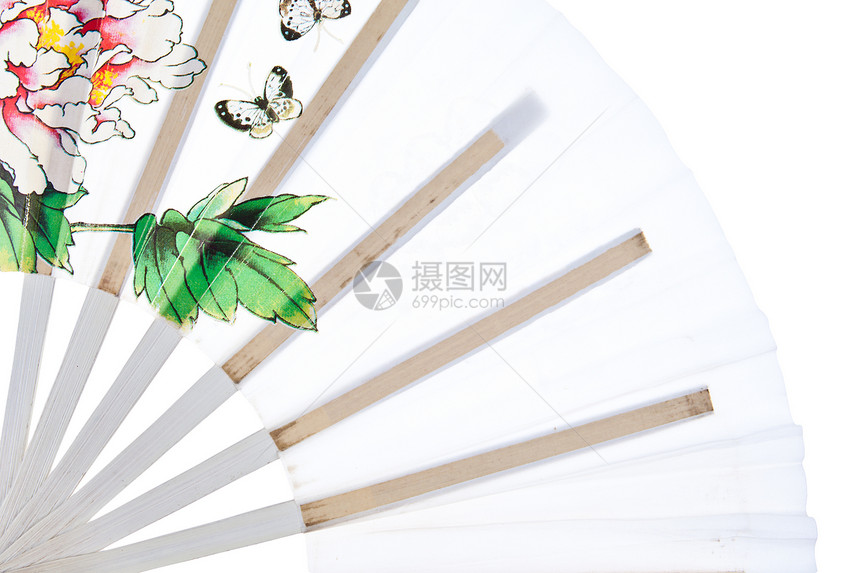 近距离接近东方白色中国风扇折叠文化扇子木头艺术空气手工工艺纪念品竹子图片