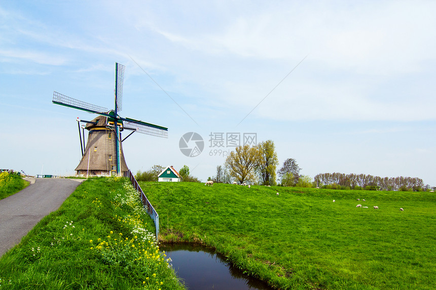 荷兰风车 荷兰翅膀纺纱生态力量刀刃活力天空历史性窗户建筑学图片