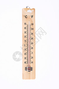 白色背景上孤立的木制温度计背景图片