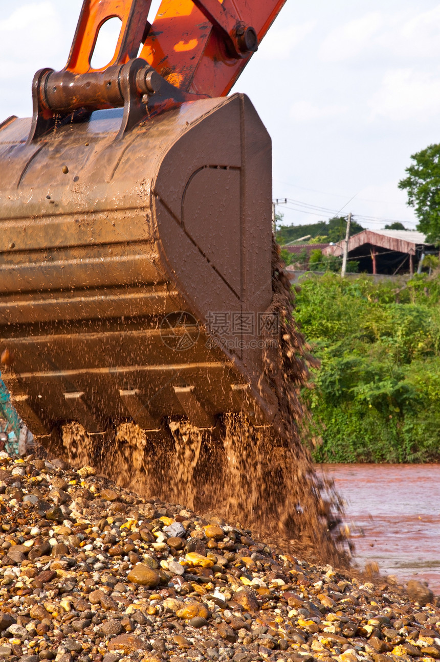 挖挖土机装货车桶挖掘机机械黄色金属土壤力量液压推土机机器技术图片
