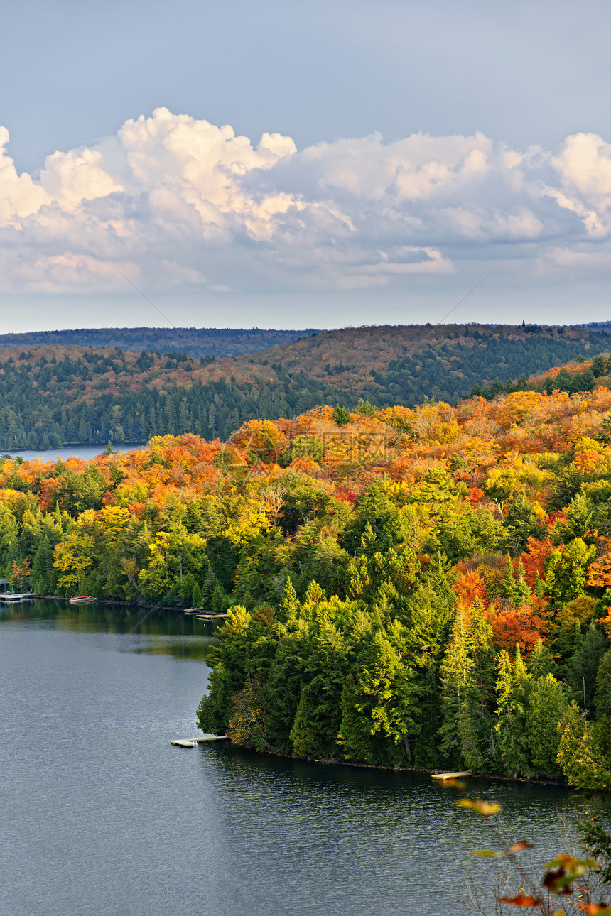 秋林和湖泊荒野岛屿公园晴天反射支撑蓝色季节阳光天空图片