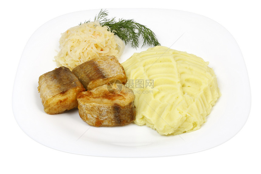 土豆泥加烤鱼白色青菜油炸盘子烹饪食物早餐菜肴图片