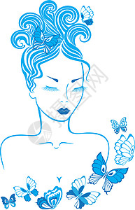 有蝴蝶的女孩女性头发蓝色女士插图背景图片