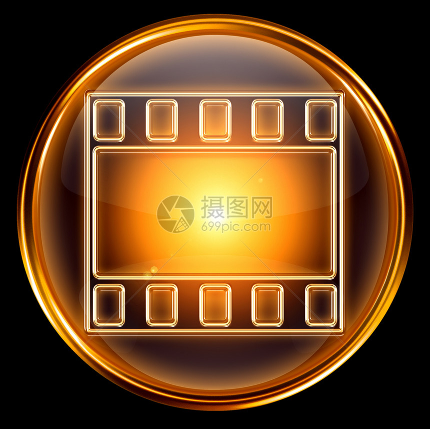 视频图标金 在黑色背景上隔离橙子黄色白色相机阴影网页按钮进挪金子圆圈图片