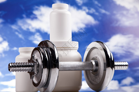 天空的适合性重量白色杠铃身体蓝色运动生活健身房背景图片