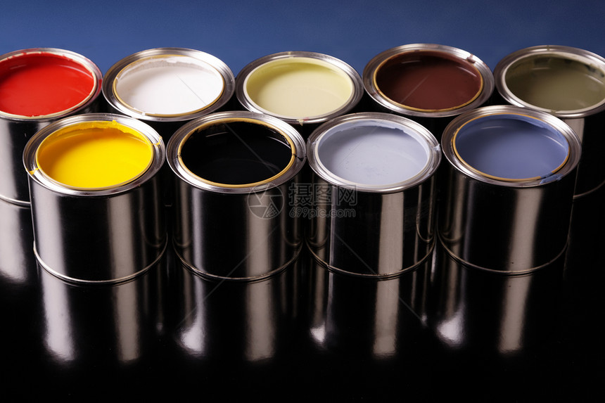 油漆罐金属液体创造力墨水黄色工作室装潢刷子颜料染料图片