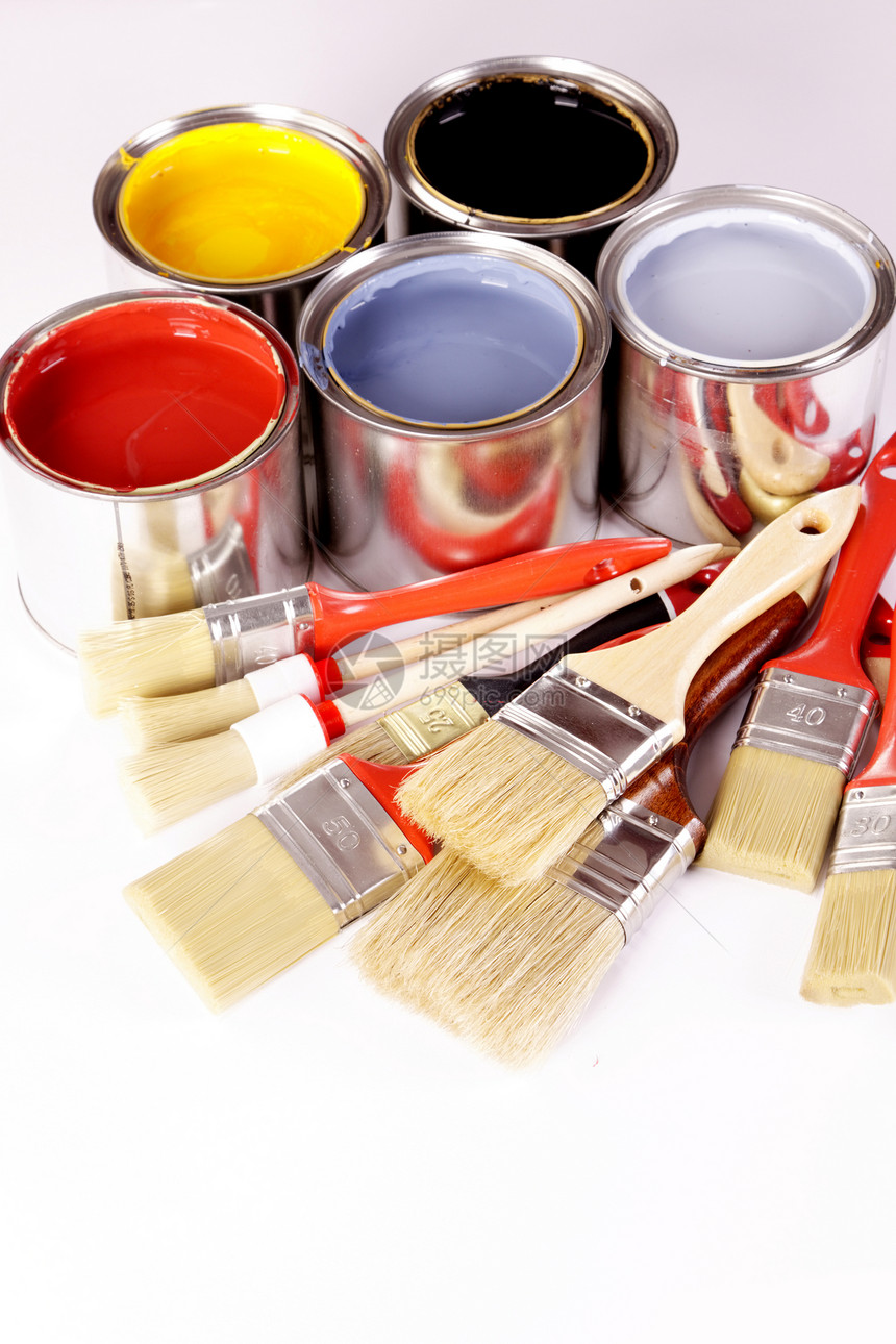 油漆和油漆罐头染料装潢画笔颜料液体画家白色金属房子刷子图片