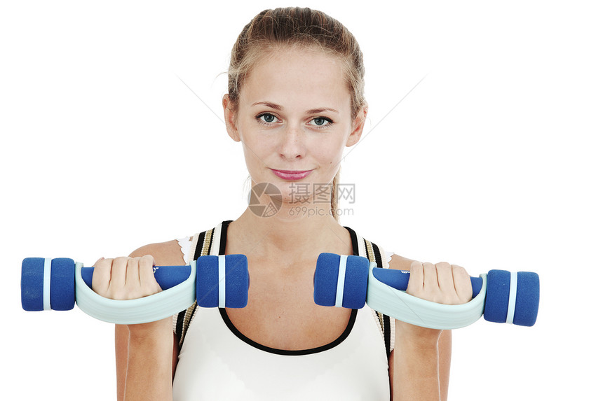 女人手里的哑铃女士娱乐金发女郎女孩练习白色肌肉青年重量力量图片