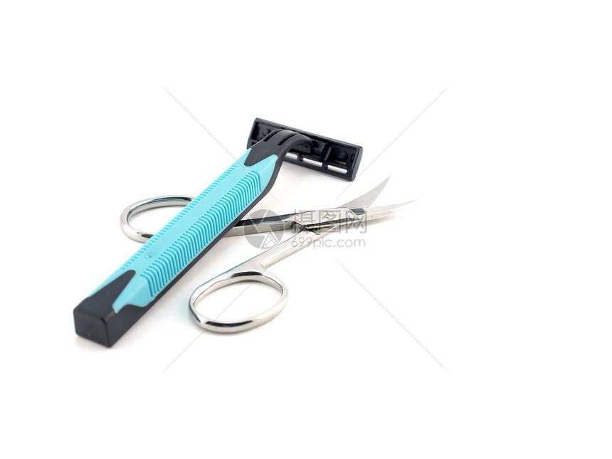 剃须和指甲剪刀刨花剪发塑料服务白色头发蓝色工具团体身体图片