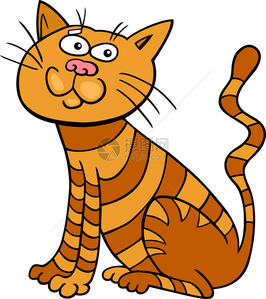 红色正坐的猫猫科动物尾巴小猫漫画卡通片绘画虎斑插图胡须图片