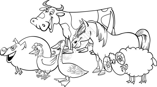 鹅马羊子一组用于彩色的卡通农场动物收藏农村草地公鸡羊肉小马奶牛国家绘画小猪背景