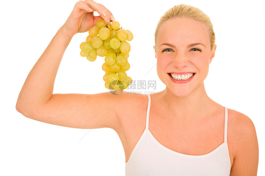 有葡萄的妇女女子水果微笑女士饮料年轻人头发成人金发女郎饮食图片
