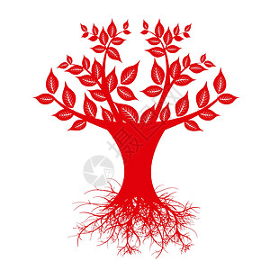 红根艺术树风格季节插图树干植物装饰红色生长白色叶子插画