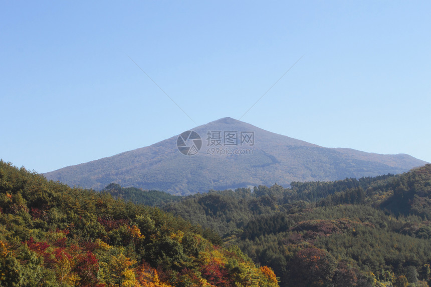 彩色叶子和希梅卡米山黄色木头蓝天地平线树叶森林旅游季节性植物图片