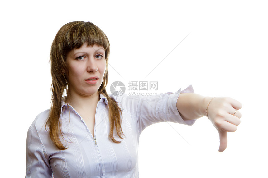 藐视法庭标志白色投票拇指手势女性青年情感女孩展示女士图片