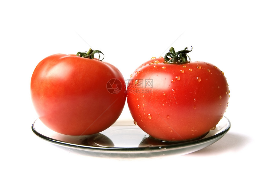 白色背景的盘子上的干湿西红柿图片