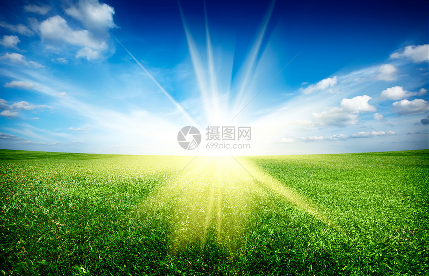 日落太阳和蓝天空下青绿新草田天空土地远景草地场地阳光日落太阳射线牧场图片