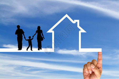 家庭之上的手和圣像屋母亲女士白色房子儿子商业父母手指住宅概念背景