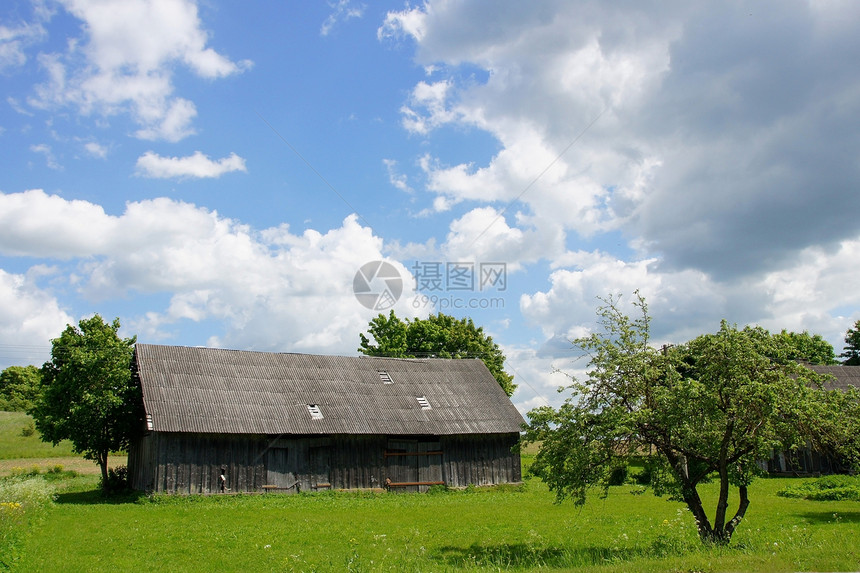 木棚天空农业芦苇绿色多云木头农村支撑国家蓝色图片