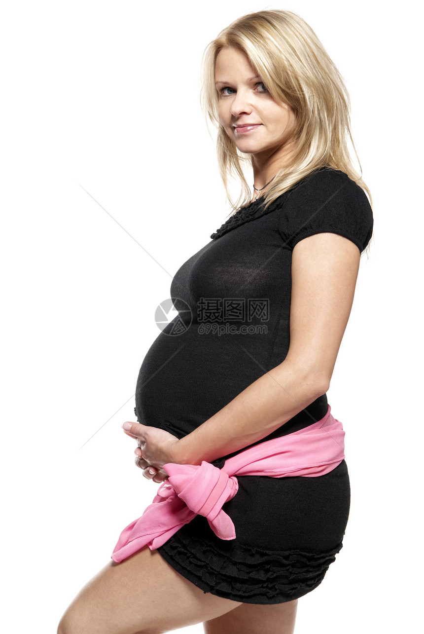 孕妇的肖像腹部肚子影棚披肩新生活头发幸福女人裙子粉色图片