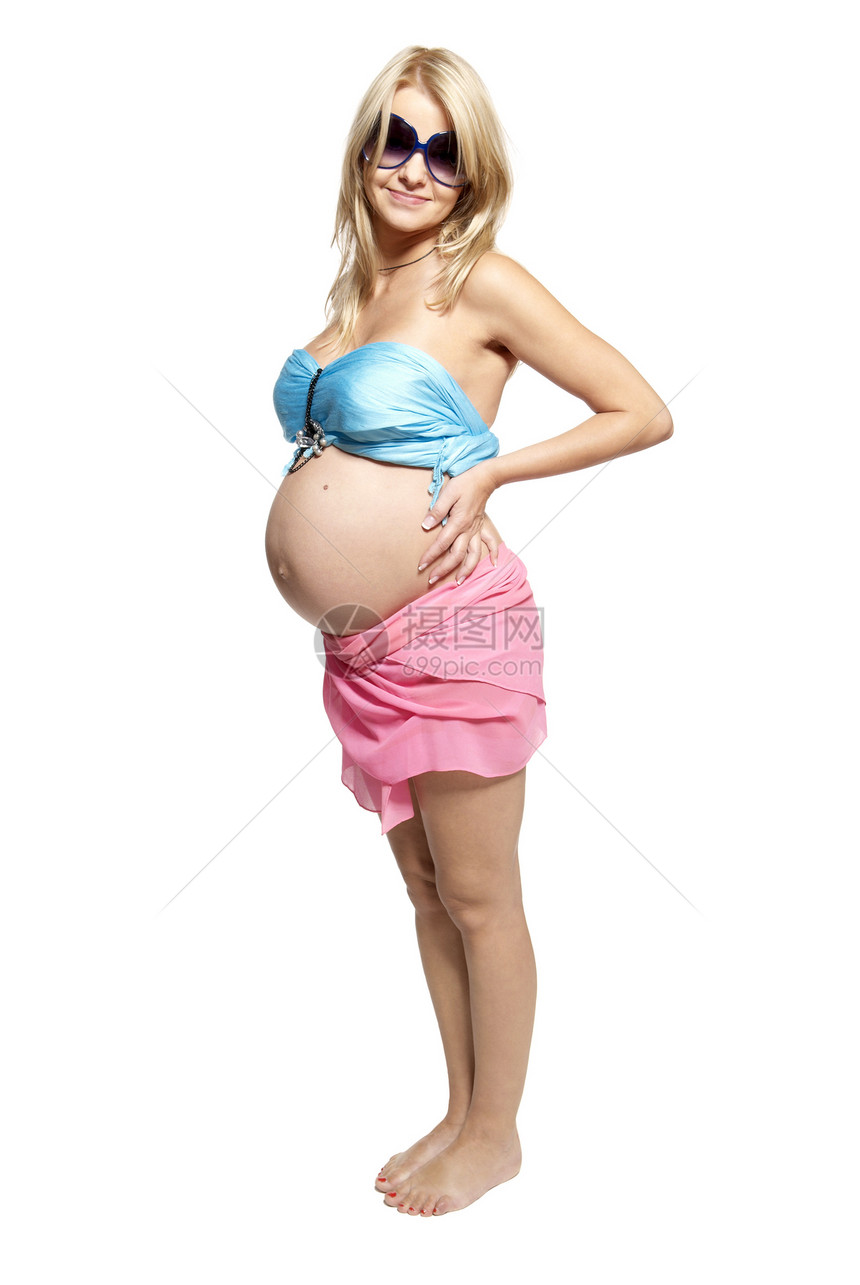 孕妇的肖像新生活女人人类披肩太阳镜蓝色粉色女性影棚家长图片