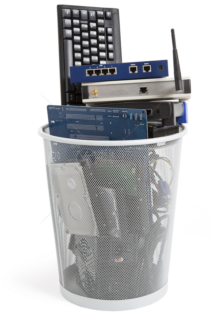 垃圾桶中电子废料行业内存设备电脑线键盘计算机电脑电源电气元件绳索图片
