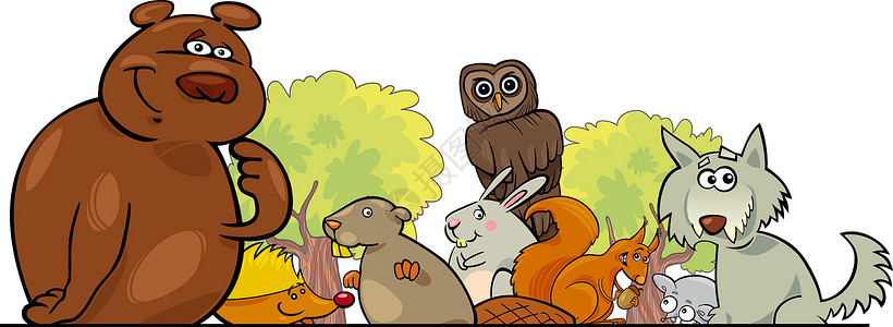 卡通可爱熊插图卡通林动物设计快乐兔子吉祥物友谊边界绘画老鼠邀请函猫头鹰野兔背景