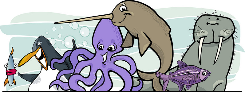 卡通海洋鱼卡通海洋生物动物设计框架绘画问候语企鹅邀请函吉祥物卡通片章鱼x射线海洋背景
