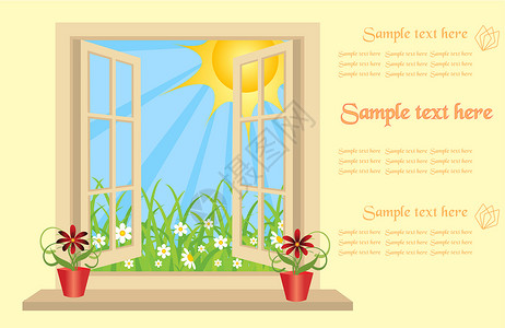 开放的塑料窗口在室内 以打开绿色字段 矢量 有文字空间装饰植物太阳建筑蓝色房子场地甘菊窗户风格插画