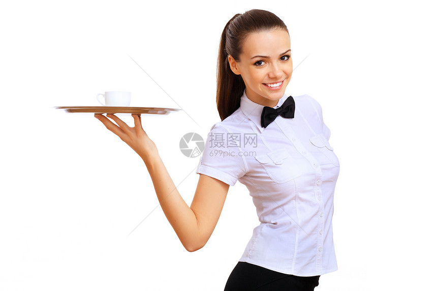 年轻女服务员 带空托盘商业咖啡店盘子食物男人酒店酒精餐饮工作围裙图片
