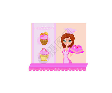 蛋糕商店说明一名妇女在面包店卖蛋糕的插图设计图片