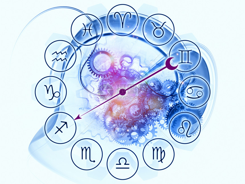 Zodiac 机械力学齿轮创造力蓝色八字预测财富艺术预言插图紫色图片