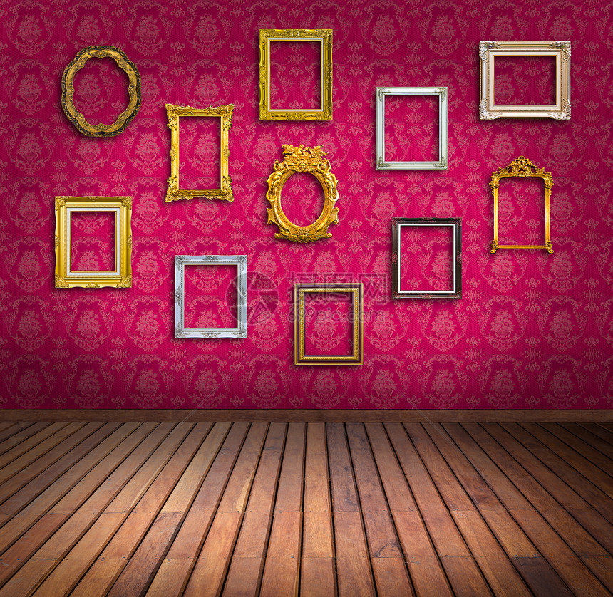 粉红色壁纸室的旧框架金子风俗纹饰正方形金属木头盒子墙纸边缘展览图片