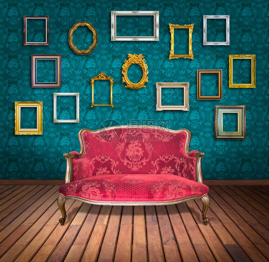 陈年豪华的椅子和架子在房间里墙纸雕刻框架奢华风格蓝色沙发家具插图装饰图片