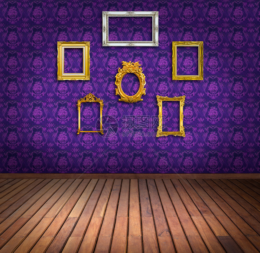 紫色壁纸室的旧框架画廊照片装饰品利润盒子长方形边界艺术金属正方形图片