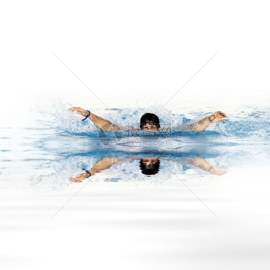 一个人不会游泳蓝色竞赛游戏力量风镜蝴蝶活力游泳者男人训练图片