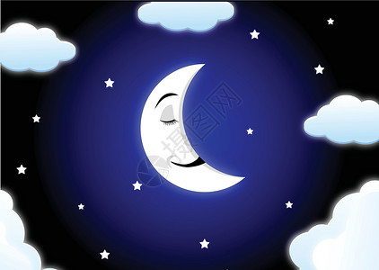 月亮脸沉睡的月球漫画卡通片蓝色辉光微笑紫色天气身体星星童话新月设计图片