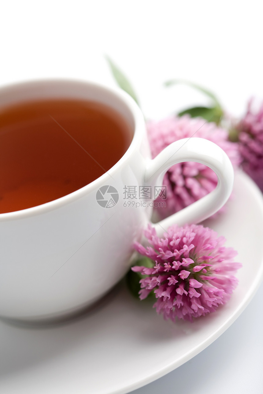 白杯草药茶和青柳花叶子芳香三叶草早餐饮料飞碟咖啡店奢华补品美食图片