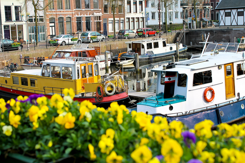 荷兰Gorinchem街头的鲜花遗产首都街道地标城市历史性传统自行车旅行房子图片