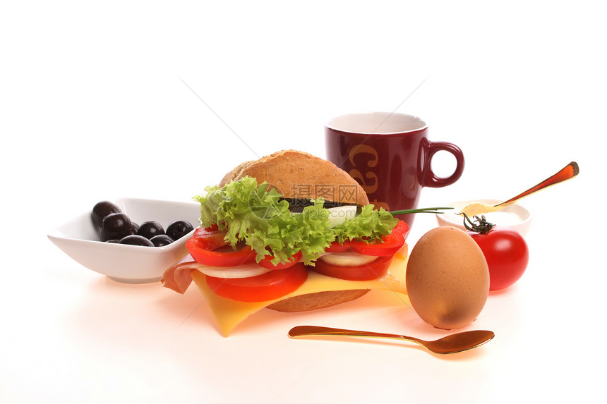 早餐面包卷用餐美食奶制品脆皮咖啡粉状圆形饮食营养食物图片