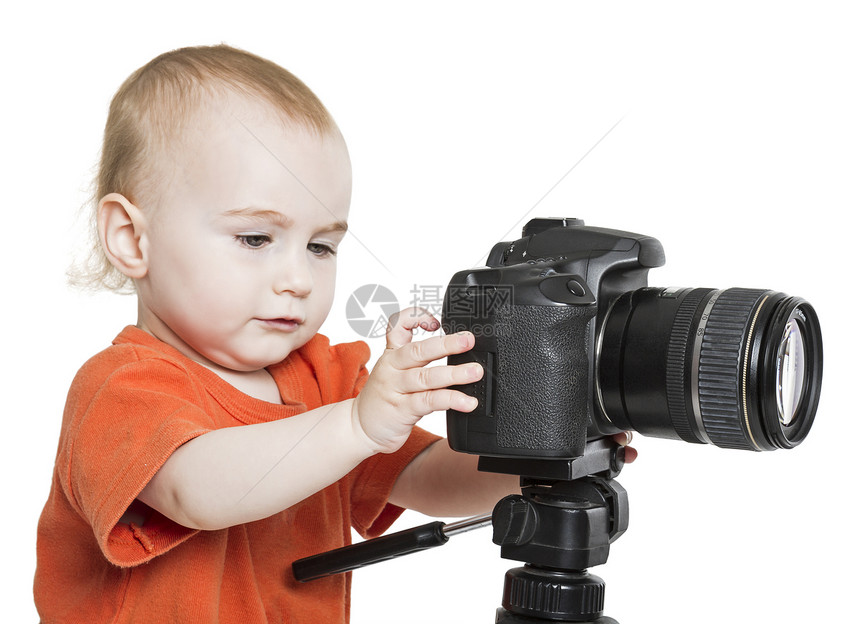 带数码相机的幼儿镜片婴儿摄影儿童技术照片白色摄影师相机图片