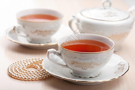 茶杯中 有优美的茶杯杯子英语盘子珍珠厨房咖啡店餐具饮料早餐制品背景图片