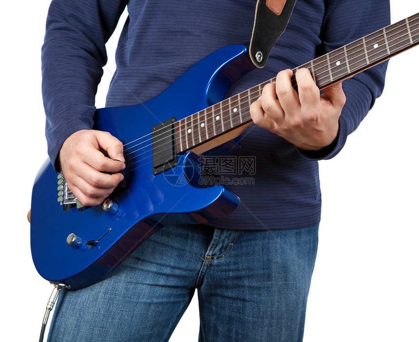 孤立的吉他手音乐会吉他低音摇杆演员蓝色音乐居住男人电子图片