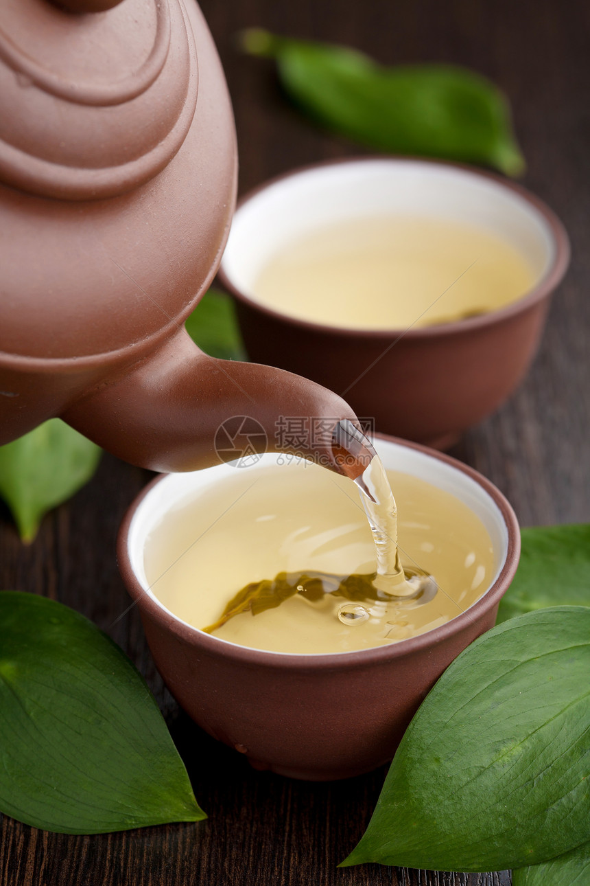 绿茶茶壶杯子叶子文化饮料香气美食单宁陶器黏土图片